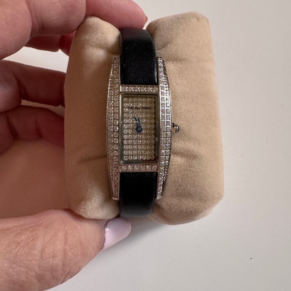 CELINE DION Tank Style Crystal Pave Stainless Steel Case Black Band Wristwatch